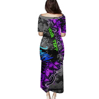 Hip Hop Battle Family Matching Puletasi and Hawaiian Shirt Smoking Ape Character and Purple Green Graffiti Street Art Design - Wonder Print Shop