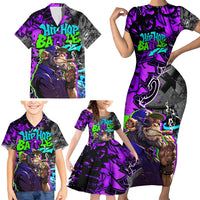 Hip Hop Battle Family Matching Short Sleeve Bodycon Dress and Hawaiian Shirt Smoking Ape Character and Purple Green Graffiti Street Art Design - Wonder Print Shop