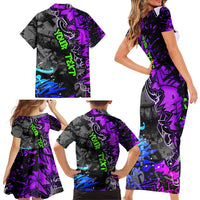 Hip Hop Battle Family Matching Short Sleeve Bodycon Dress and Hawaiian Shirt Smoking Ape Character and Purple Green Graffiti Street Art Design - Wonder Print Shop