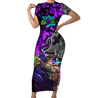 Hip Hop Battle Family Matching Short Sleeve Bodycon Dress and Hawaiian Shirt Smoking Ape Character and Purple Green Graffiti Street Art Design - Wonder Print Shop