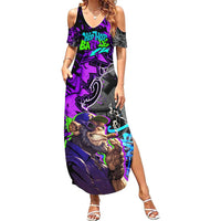 Hip Hop Battle Family Matching Summer Maxi Dress and Hawaiian Shirt Smoking Ape Character and Purple Green Graffiti Street Art Design - Wonder Print Shop