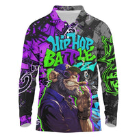 Hip Hop Battle Long Sleeve Polo Shirt Smoking Ape Character and Purple Green Graffiti Street Art Design - Wonder Print Shop