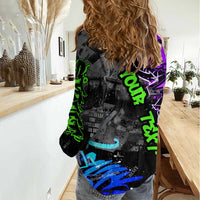 Hip Hop Battle Women Casual Shirt Smoking Ape Character and Purple Green Graffiti Street Art Design - Wonder Print Shop