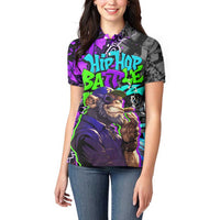 Hip Hop Battle Women Polo Shirt Smoking Ape Character and Purple Green Graffiti Street Art Design - Wonder Print Shop