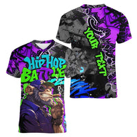 Hip Hop Battle Women V-Neck T-Shirt Smoking Ape Character and Purple Green Graffiti Street Art Design - Wonder Print Shop