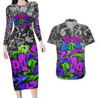 Hip Hop Battle Couples Matching Long Sleeve Bodycon Dress and Hawaiian Shirt Spray Can Kid Character and Colorful Graffiti Street Art Design - Wonder Print Shop