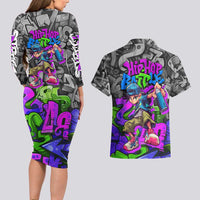 Hip Hop Battle Couples Matching Long Sleeve Bodycon Dress and Hawaiian Shirt Spray Can Kid Character and Colorful Graffiti Street Art Design - Wonder Print Shop