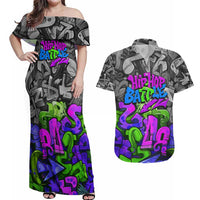 Hip Hop Battle Couples Matching Off Shoulder Maxi Dress and Hawaiian Shirt Spray Can Kid Character and Colorful Graffiti Street Art Design - Wonder Print Shop