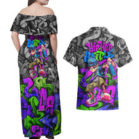 Hip Hop Battle Couples Matching Off Shoulder Maxi Dress and Hawaiian Shirt Spray Can Kid Character and Colorful Graffiti Street Art Design - Wonder Print Shop