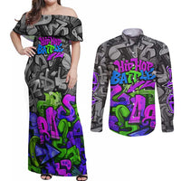 Hip Hop Battle Couples Matching Off Shoulder Maxi Dress and Long Sleeve Button Shirt Spray Can Kid Character and Colorful Graffiti Street Art Design - Wonder Print Shop