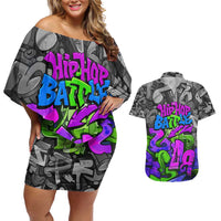 Hip Hop Battle Couples Matching Off Shoulder Short Dress and Hawaiian Shirt Spray Can Kid Character and Colorful Graffiti Street Art Design - Wonder Print Shop