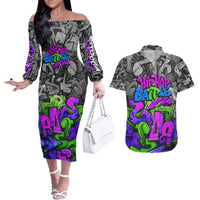Hip Hop Battle Couples Matching Off The Shoulder Long Sleeve Dress and Hawaiian Shirt Spray Can Kid Character and Colorful Graffiti Street Art Design - Wonder Print Shop