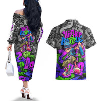 Hip Hop Battle Couples Matching Off The Shoulder Long Sleeve Dress and Hawaiian Shirt Spray Can Kid Character and Colorful Graffiti Street Art Design - Wonder Print Shop