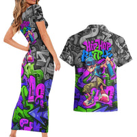 Hip Hop Battle Couples Matching Short Sleeve Bodycon Dress and Hawaiian Shirt Spray Can Kid Character and Colorful Graffiti Street Art Design - Wonder Print Shop
