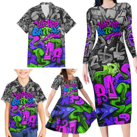 Hip Hop Battle Family Matching Long Sleeve Bodycon Dress and Hawaiian Shirt Spray Can Kid Character and Colorful Graffiti Street Art Design - Wonder Print Shop