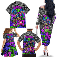 Hip Hop Battle Family Matching Off The Shoulder Long Sleeve Dress and Hawaiian Shirt Spray Can Kid Character and Colorful Graffiti Street Art Design - Wonder Print Shop