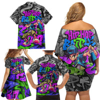 Hip Hop Battle Family Matching Off Shoulder Short Dress and Hawaiian Shirt Spray Can Kid Character and Colorful Graffiti Street Art Design - Wonder Print Shop