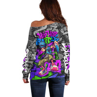 Hip Hop Battle Off Shoulder Sweater Spray Can Kid Character and Colorful Graffiti Street Art Design - Wonder Print Shop