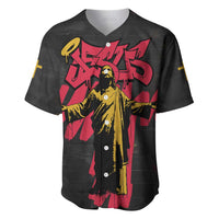 Jesus Graffiti Design Baseball Jersey Crowned Portrait and Urban Street Art Style in Red Yellow Black Theme - Wonder Print Shop