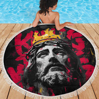 Jesus Graffiti Design Beach Blanket Crowned Portrait and Urban Street Art Style in Red Yellow Black Theme - Wonder Print Shop