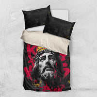 Jesus Graffiti Design Bedding Set Crowned Portrait and Urban Street Art Style in Red Yellow Black Theme - Wonder Print Shop
