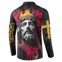 Jesus Graffiti Design Button Sweatshirt Crowned Portrait and Urban Street Art Style in Red Yellow Black Theme - Wonder Print Shop