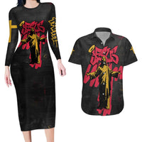 Jesus Graffiti Design Couples Matching Long Sleeve Bodycon Dress and Hawaiian Shirt Crowned Portrait and Urban Street Art Style in Red Yellow Black Theme - Wonder Print Shop