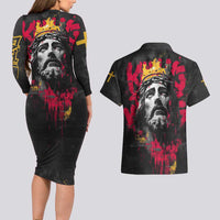 Jesus Graffiti Design Couples Matching Long Sleeve Bodycon Dress and Hawaiian Shirt Crowned Portrait and Urban Street Art Style in Red Yellow Black Theme - Wonder Print Shop