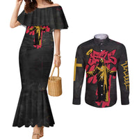 Jesus Graffiti Design Couples Matching Mermaid Dress and Long Sleeve Button Shirt Crowned Portrait and Urban Street Art Style in Red Yellow Black Theme - Wonder Print Shop