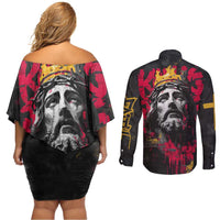 Jesus Graffiti Design Couples Matching Off Shoulder Short Dress and Long Sleeve Button Shirt Crowned Portrait and Urban Street Art Style in Red Yellow Black Theme - Wonder Print Shop