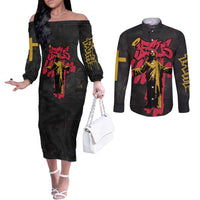 Jesus Graffiti Design Couples Matching Off The Shoulder Long Sleeve Dress and Long Sleeve Button Shirt Crowned Portrait and Urban Street Art Style in Red Yellow Black Theme - Wonder Print Shop