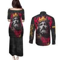 Jesus Graffiti Design Couples Matching Puletasi and Long Sleeve Button Shirt Crowned Portrait and Urban Street Art Style in Red Yellow Black Theme - Wonder Print Shop