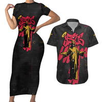 Jesus Graffiti Design Couples Matching Short Sleeve Bodycon Dress and Hawaiian Shirt Crowned Portrait and Urban Street Art Style in Red Yellow Black Theme - Wonder Print Shop