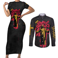 Jesus Graffiti Design Couples Matching Short Sleeve Bodycon Dress and Long Sleeve Button Shirt Crowned Portrait and Urban Street Art Style in Red Yellow Black Theme - Wonder Print Shop