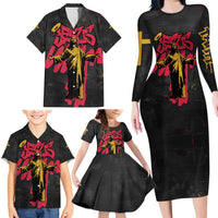 Jesus Graffiti Design Family Matching Long Sleeve Bodycon Dress and Hawaiian Shirt Crowned Portrait and Urban Street Art Style in Red Yellow Black Theme - Wonder Print Shop