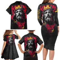 Jesus Graffiti Design Family Matching Long Sleeve Bodycon Dress and Hawaiian Shirt Crowned Portrait and Urban Street Art Style in Red Yellow Black Theme - Wonder Print Shop