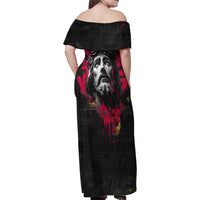 Jesus Graffiti Design Family Matching Off Shoulder Maxi Dress and Hawaiian Shirt Crowned Portrait and Urban Street Art Style in Red Yellow Black Theme - Wonder Print Shop