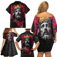 Jesus Graffiti Design Family Matching Off Shoulder Short Dress and Hawaiian Shirt Crowned Portrait and Urban Street Art Style in Red Yellow Black Theme - Wonder Print Shop