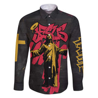 Jesus Graffiti Design Family Matching Off Shoulder Short Dress and Hawaiian Shirt Crowned Portrait and Urban Street Art Style in Red Yellow Black Theme - Wonder Print Shop