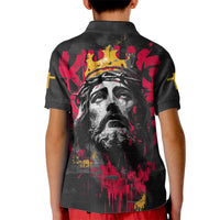 Jesus Graffiti Design Kid Polo Shirt Crowned Portrait and Urban Street Art Style in Red Yellow Black Theme - Wonder Print Shop