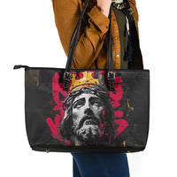Jesus Graffiti Design Leather Tote Bag Crowned Portrait and Urban Street Art Style in Red Yellow Black Theme - Wonder Print Shop