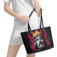 Jesus Graffiti Design Leather Tote Bag Crowned Portrait and Urban Street Art Style in Red Yellow Black Theme - Wonder Print Shop