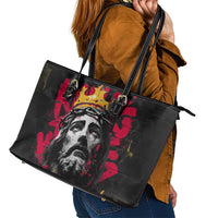 Jesus Graffiti Design Leather Tote Bag Crowned Portrait and Urban Street Art Style in Red Yellow Black Theme - Wonder Print Shop