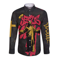 Jesus Graffiti Design Long Sleeve Button Shirt Crowned Portrait and Urban Street Art Style in Red Yellow Black Theme - Wonder Print Shop