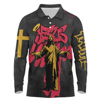 Jesus Graffiti Design Long Sleeve Polo Shirt Crowned Portrait and Urban Street Art Style in Red Yellow Black Theme - Wonder Print Shop