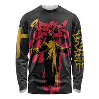 Jesus Graffiti Design Long Sleeve Shirt Crowned Portrait and Urban Street Art Style in Red Yellow Black Theme - Wonder Print Shop