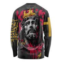 Jesus Graffiti Design Long Sleeve Shirt Crowned Portrait and Urban Street Art Style in Red Yellow Black Theme - Wonder Print Shop