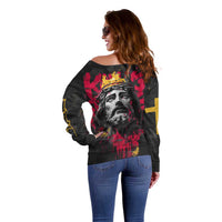 Jesus Graffiti Design Off Shoulder Sweater Crowned Portrait and Urban Street Art Style in Red Yellow Black Theme - Wonder Print Shop