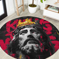Jesus Graffiti Design Round Carpet Crowned Portrait and Urban Street Art Style in Red Yellow Black Theme - Wonder Print Shop