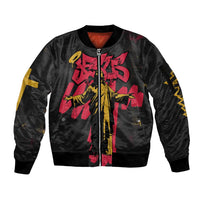 Jesus Graffiti Design Sleeve Zip Bomber Jacket Crowned Portrait and Urban Street Art Style in Red Yellow Black Theme - Wonder Print Shop